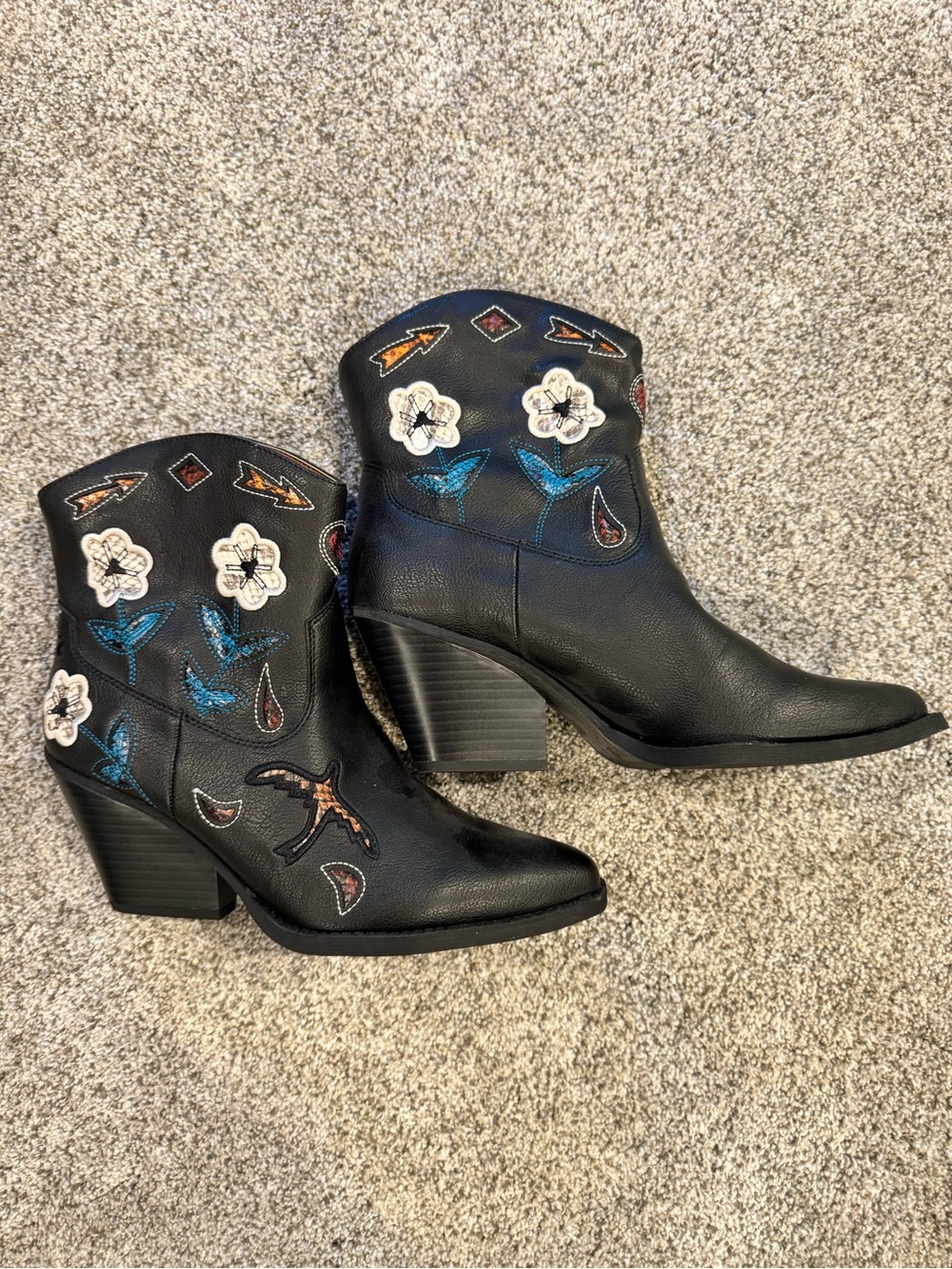 Zodiac Black Embroidered Western Ankle Boots with Multicolor Floral Accents